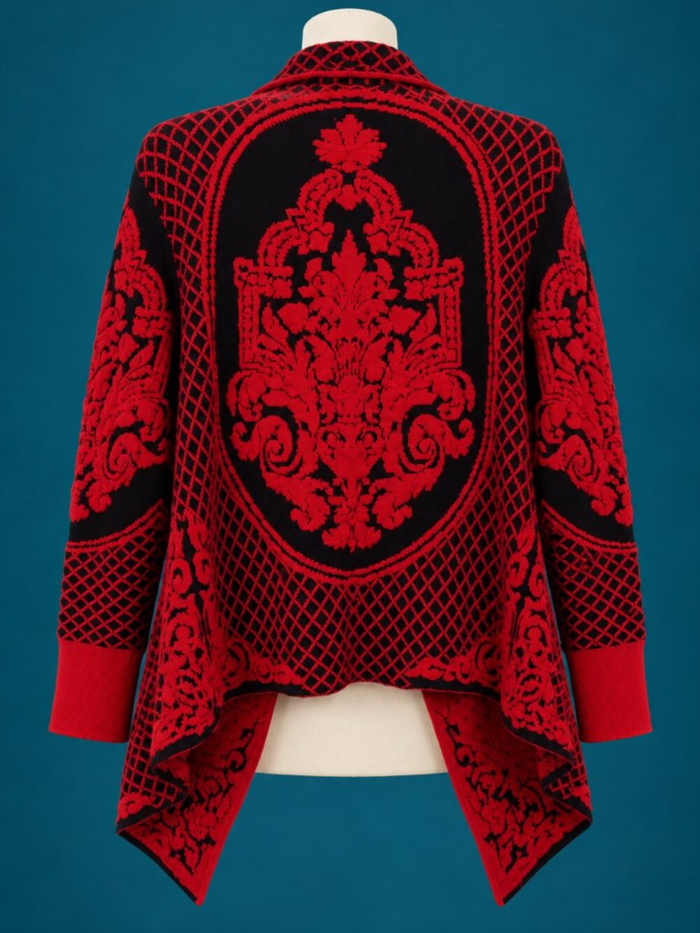 SIONI Red Black Baroque Knit Waterfall Cardigan Sweater L/XL HTF - Picture 3 of 15